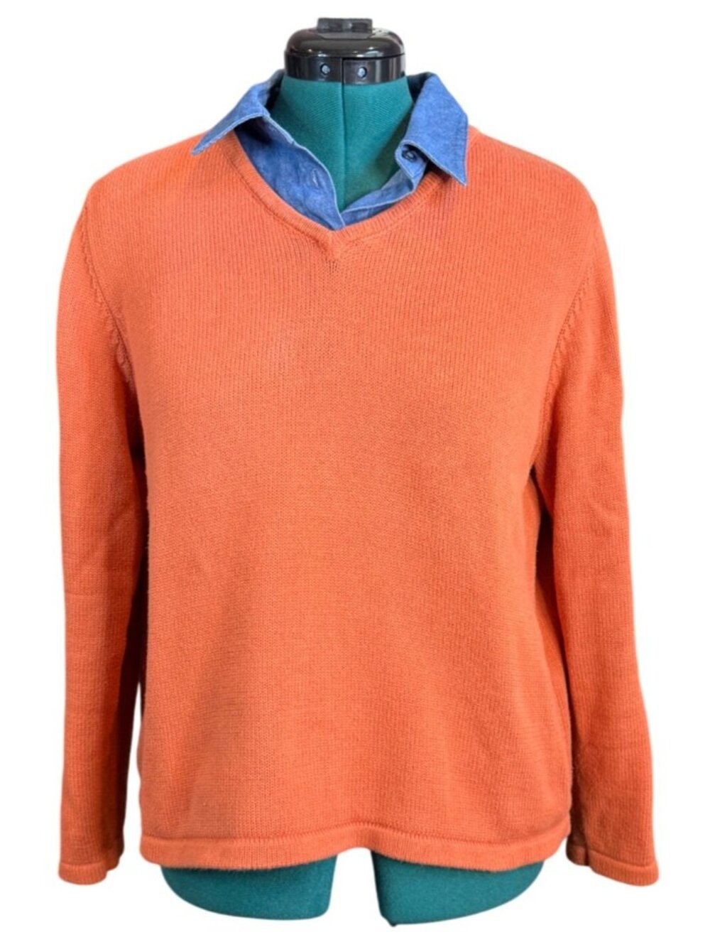 Womens Sweater with Jean Mock Collar Size Large Orange & Blue Breckenridge VNeck